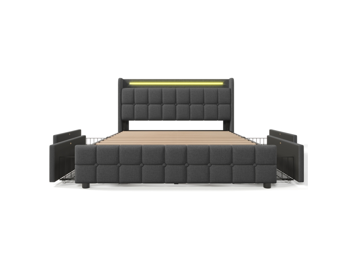 Cama Estofada 140x200cm com Carregador Usb,cabeceira Iluminada e 4 Gavetas,estrutura Funcional e Base de Ripas em Cinza PAPRIKA