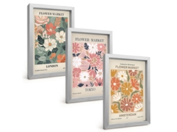 Composição De Quadros Na Paredepadrões Florais, Londres, Tóquio, Amsterdã Moldura Prateada Quadros Para A Sala De Estar Espelharte (3 Peças 20x30 Cm)