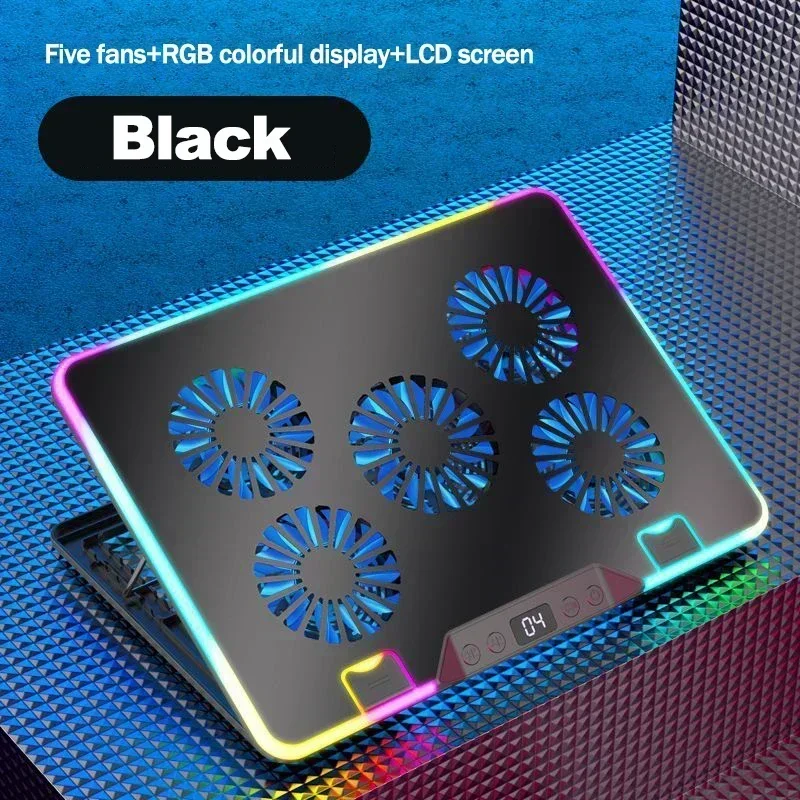 Base De Resfriamento Para Notebook Gamer (preta) Com 5 Ventoinhas, Duas Portas Usb E Tela De Led.