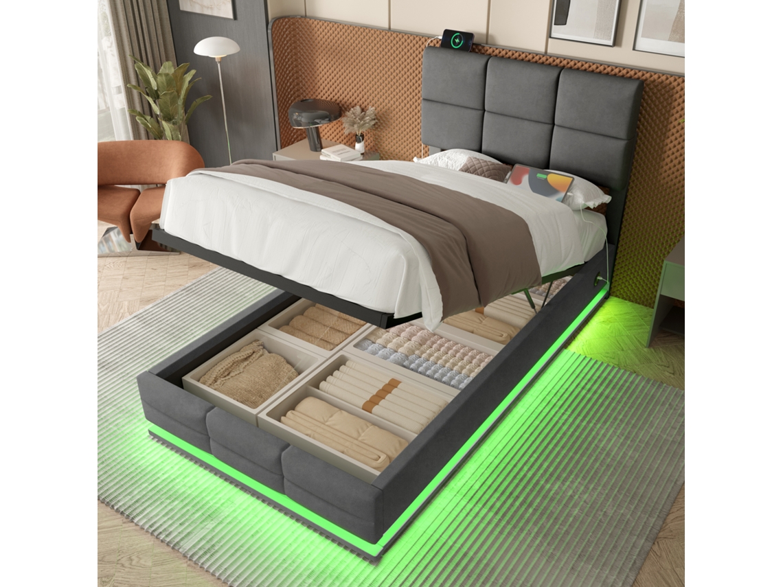 Polsterbett 90x200 Cm Veludo Com Cabeceira Ajustável, Usb/type-c, Led, Sistema Hidráulico, Xxl Armazenamento, Cinza