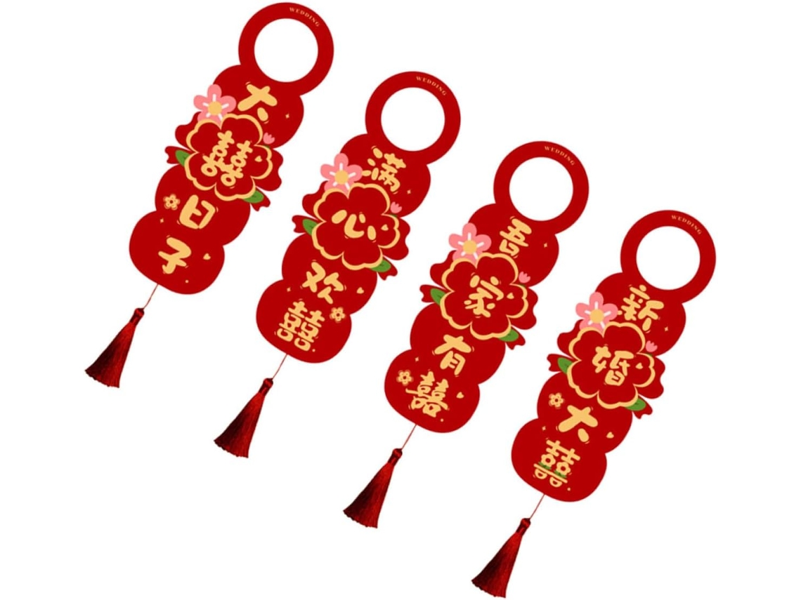 Conjunto 4 Enfeites Papel Vermelho Pendurar Porta Leves Fáceis Instalar Ideais Festas Casamento Chinês Tema GOKOCO