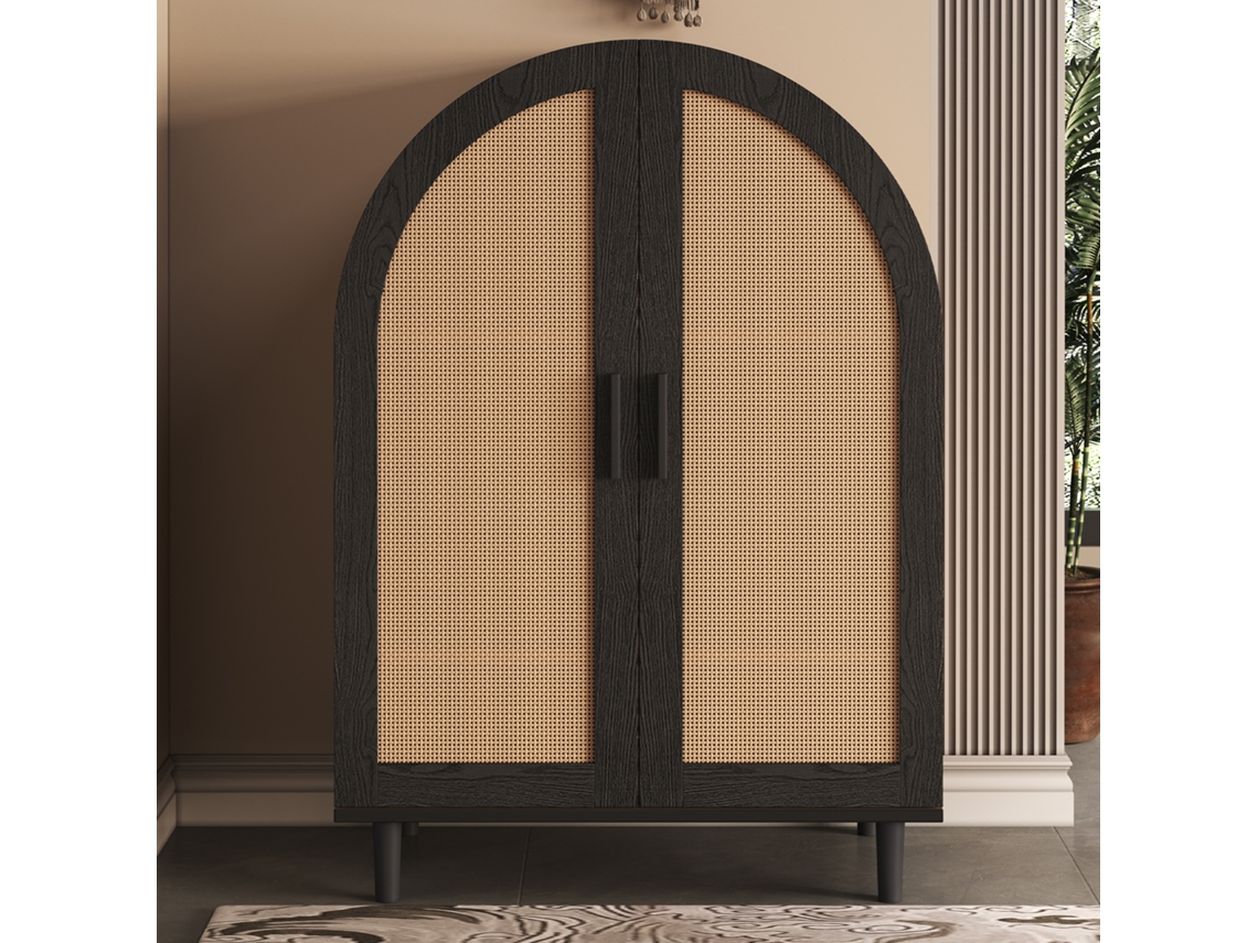 Buffet Elegante Com Design Curvo,portas De Ratan Trançado E Três Prateleiras Para Organizar Sapatos E Acessórios Mega Echo Trade Shop