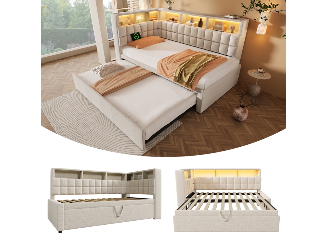 Cama Individual 90x200 Polipiel Com Led, Bluetooth, Usb/type C, Cabeceira Em L Com Arrumação Bege Mobrio