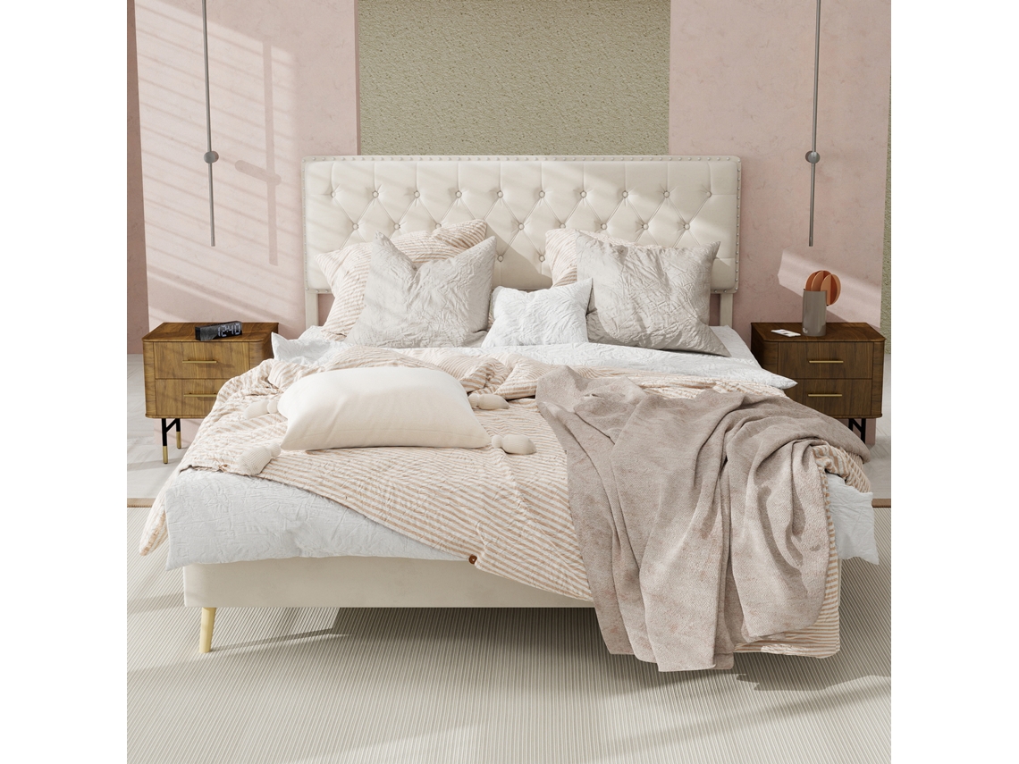 Cama Casal Bege 140x200cm Estofada, Cabeceira Macia, Caixa Baixa (s/ Colchão). -op