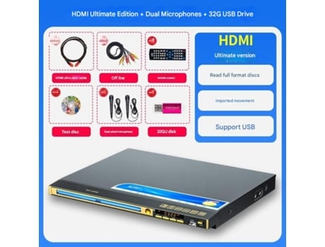 Leitor De Cd Hd Dvd/vcd, Sistema Estéreo, Qualidade 1080p, Compatível Com Usb, Cabo Av E Hdmi Disco Hd Dois Microfones Pen Drive Usb De 32 Gb Mr