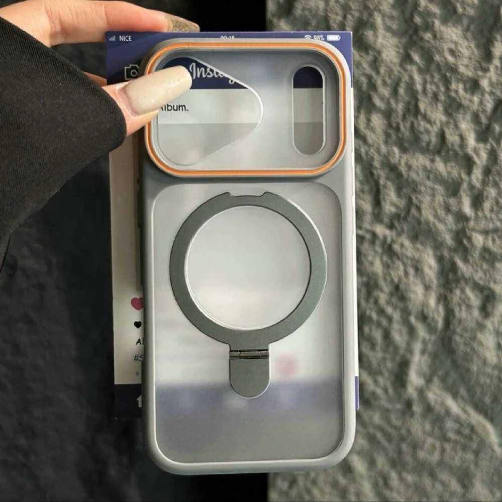 Capa Para Iphone 14 Pro Cinza Com Suporte Magnético Dobrável Em Anel De Metal Magsafe