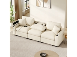 Sofá De 3 Lugares, Em Chenille, Multifuncional Com Mesa Dobrável E Porta Usb, Bege.