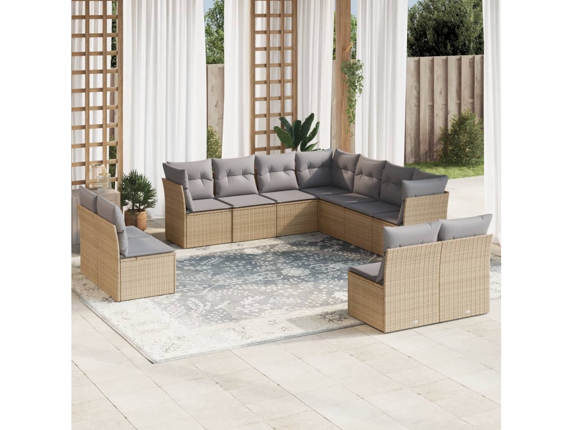 Vidaxl 11 Pcs Conjunto Sofás De Jardim C/ Almofadões Vime Pe Bege