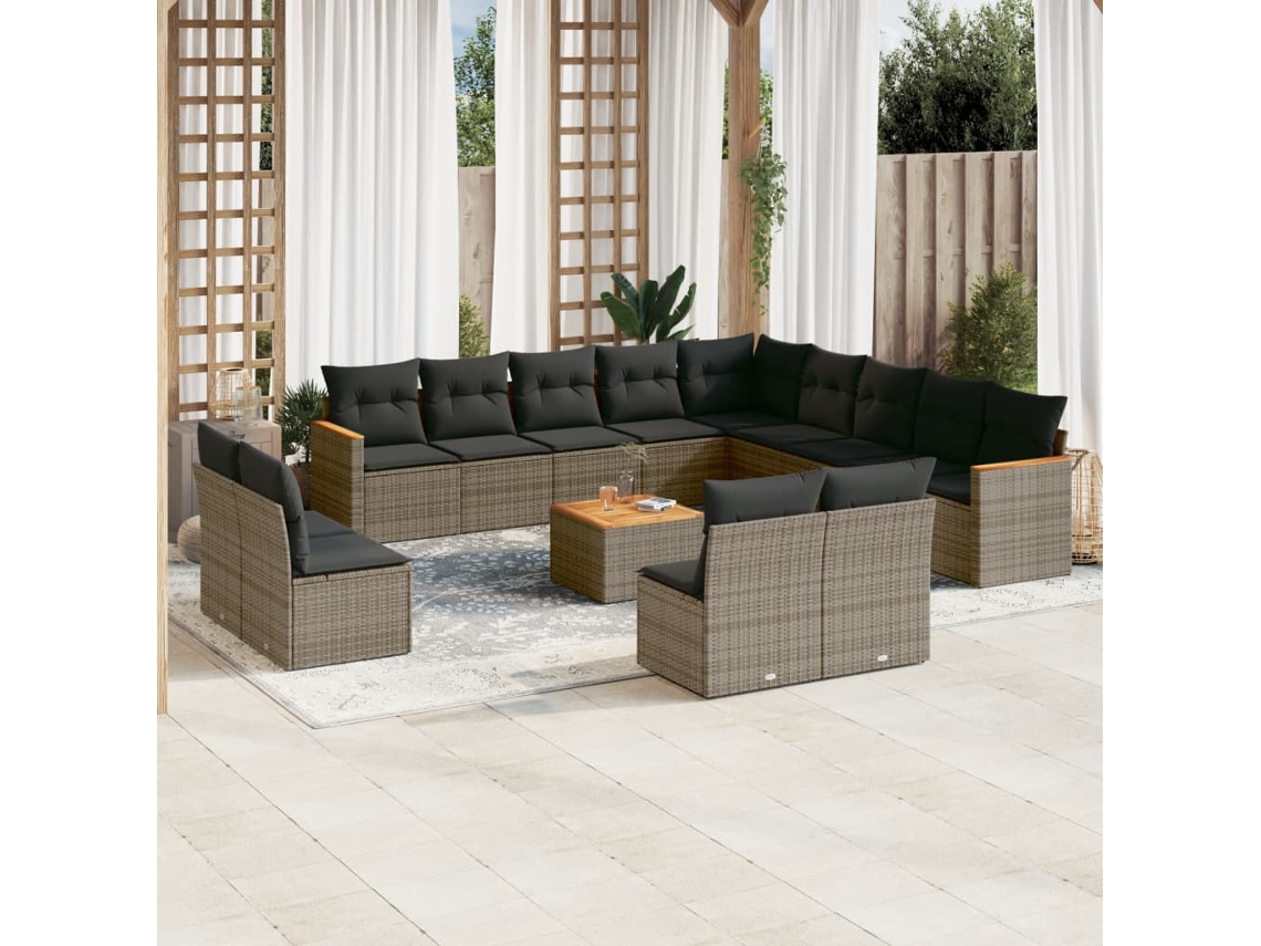 14 Pcs Conjunto Sofás P/ Jardim C/ Almofadões Vime Pe Cinza Dkd Home Decor