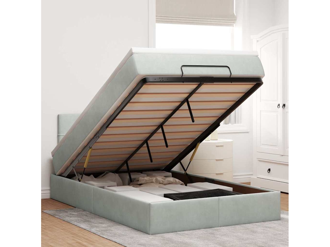 Vidaxl Cama Otomana Com Colchão Cinza Claro 120x190 Cm Veludo