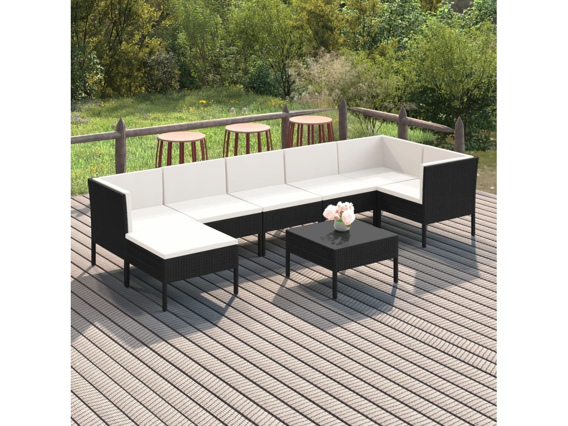 8 Pcs Conjunto Lounge De Jardim C/ Almofadões Vime Pe Preto Dkd Home Decor