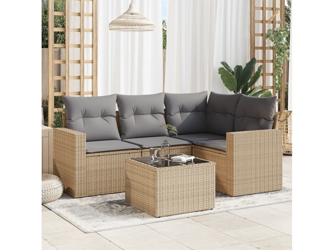 Vidaxl 5 Pcs Conjunto De Sofás P/ Jardim Com Almofadões Vime Pe Bege