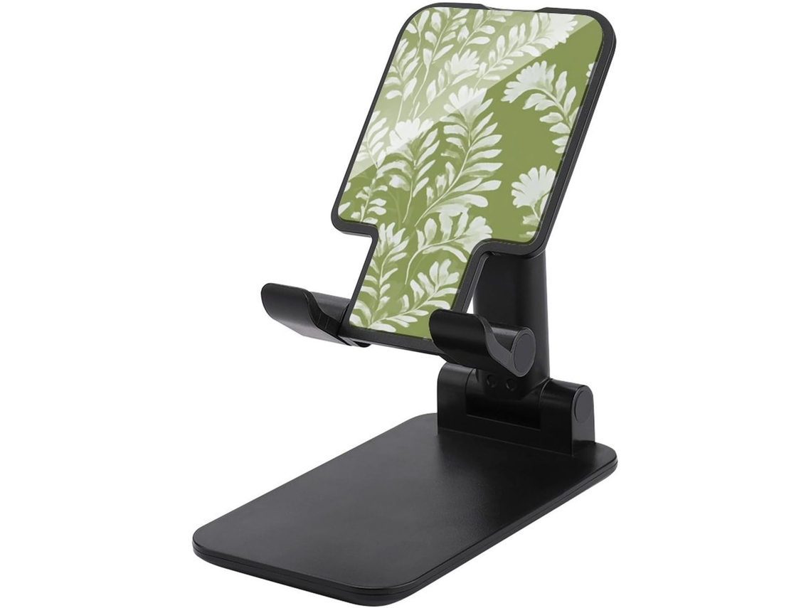 Suporte Dobrável E Ajustável Para Celular, Ideal Para Mesa Estampa Floral Com Folhas E Plantas Em Fundo Verde Oliva