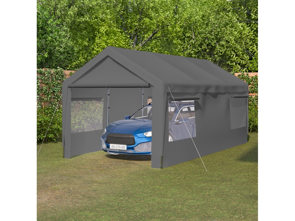 Garagem Lona 3x6m Cinza Inverno Com Janela Enrolar, Laterais E Teto Removíveis, Cobertura Para Carro, Suv, Barco E Caminhão