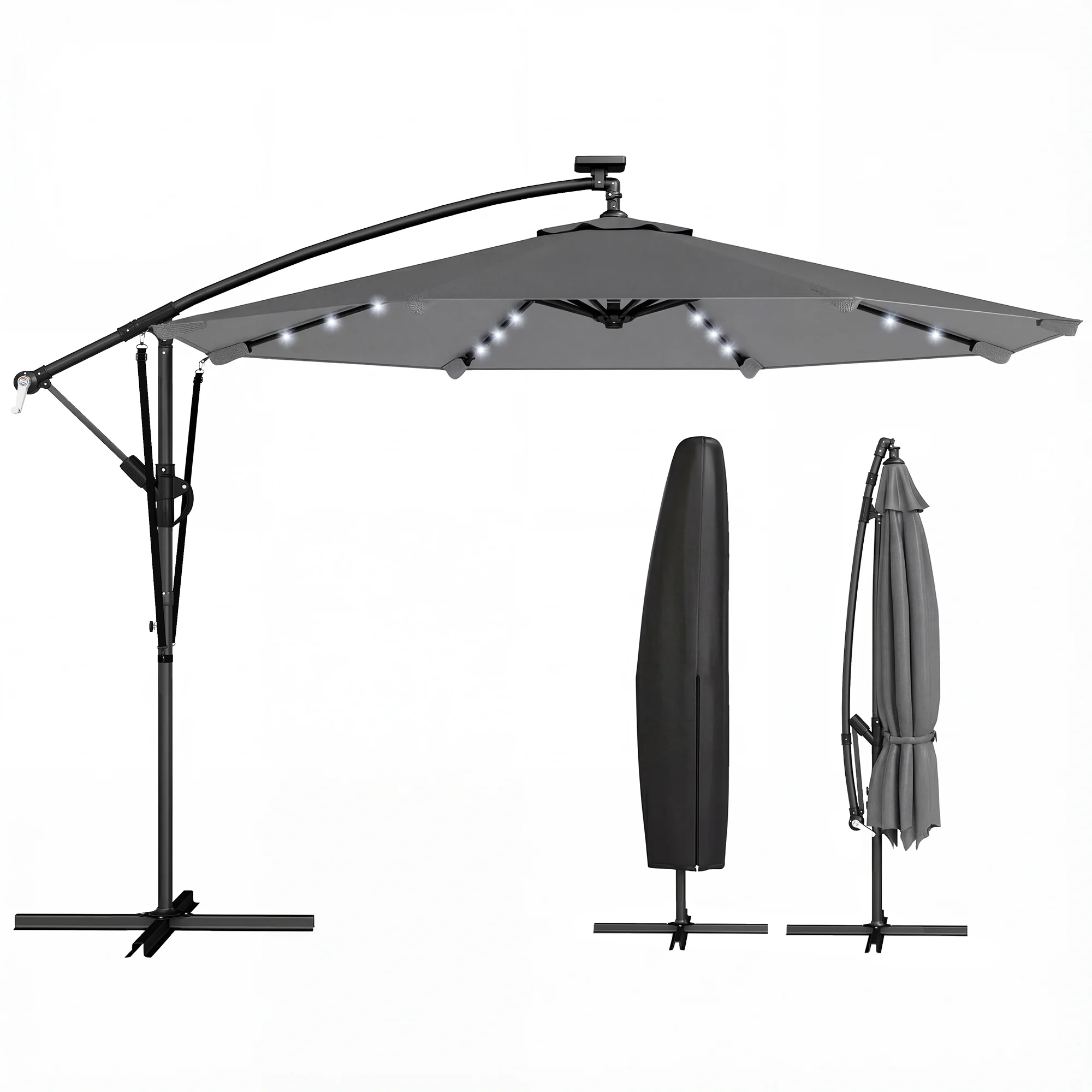 Guarda sol com Led Solar 32 lâmpadas, manivela, UV 50+, Ø 295cm cinza BTFORUS