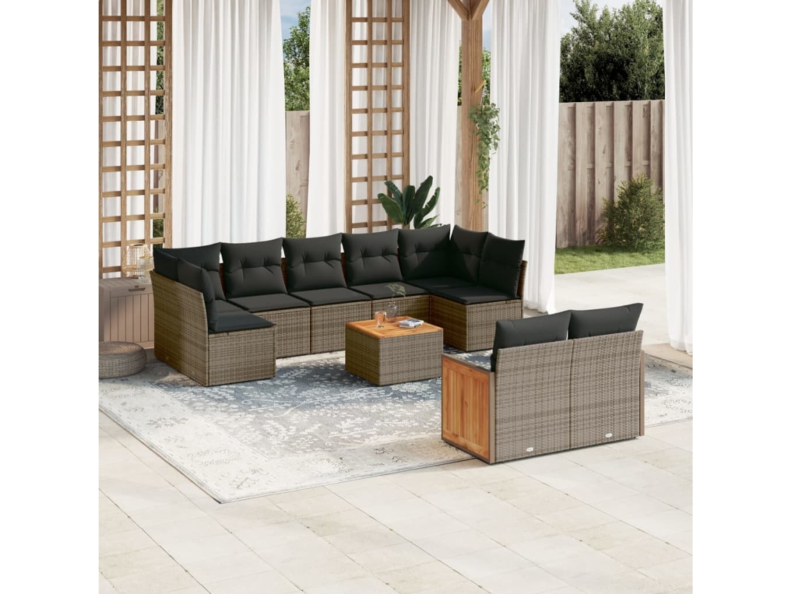 Vidaxl 10 Pcs Conjunto Sofás De Jardim C/ Almofadões Vime Pe Cinzento
