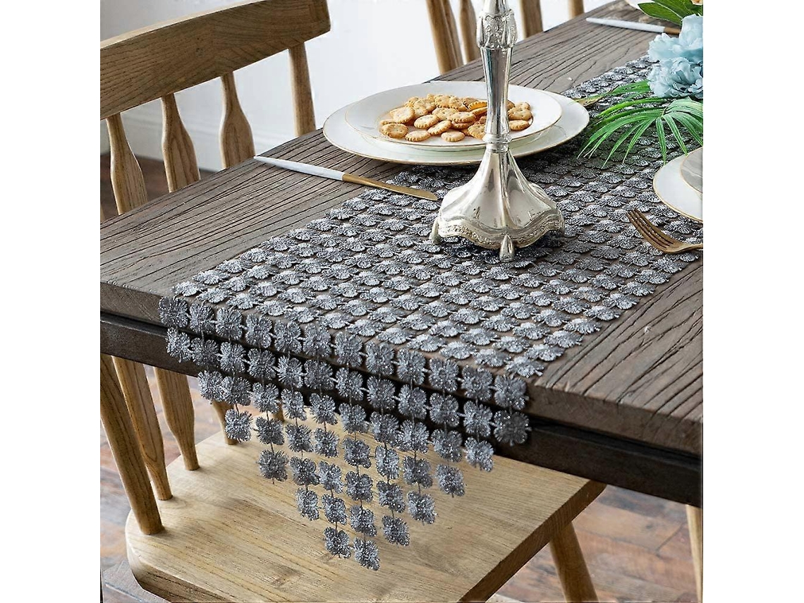 Rebe mantel de Mesa 30x183 Cm Decoración Con Flores Brillo, Gris Plata