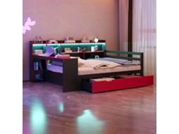 Sofá Cama Madeira 140x200cm Escrivaninha Estante Iluminação Tomadas Preto Vermelho