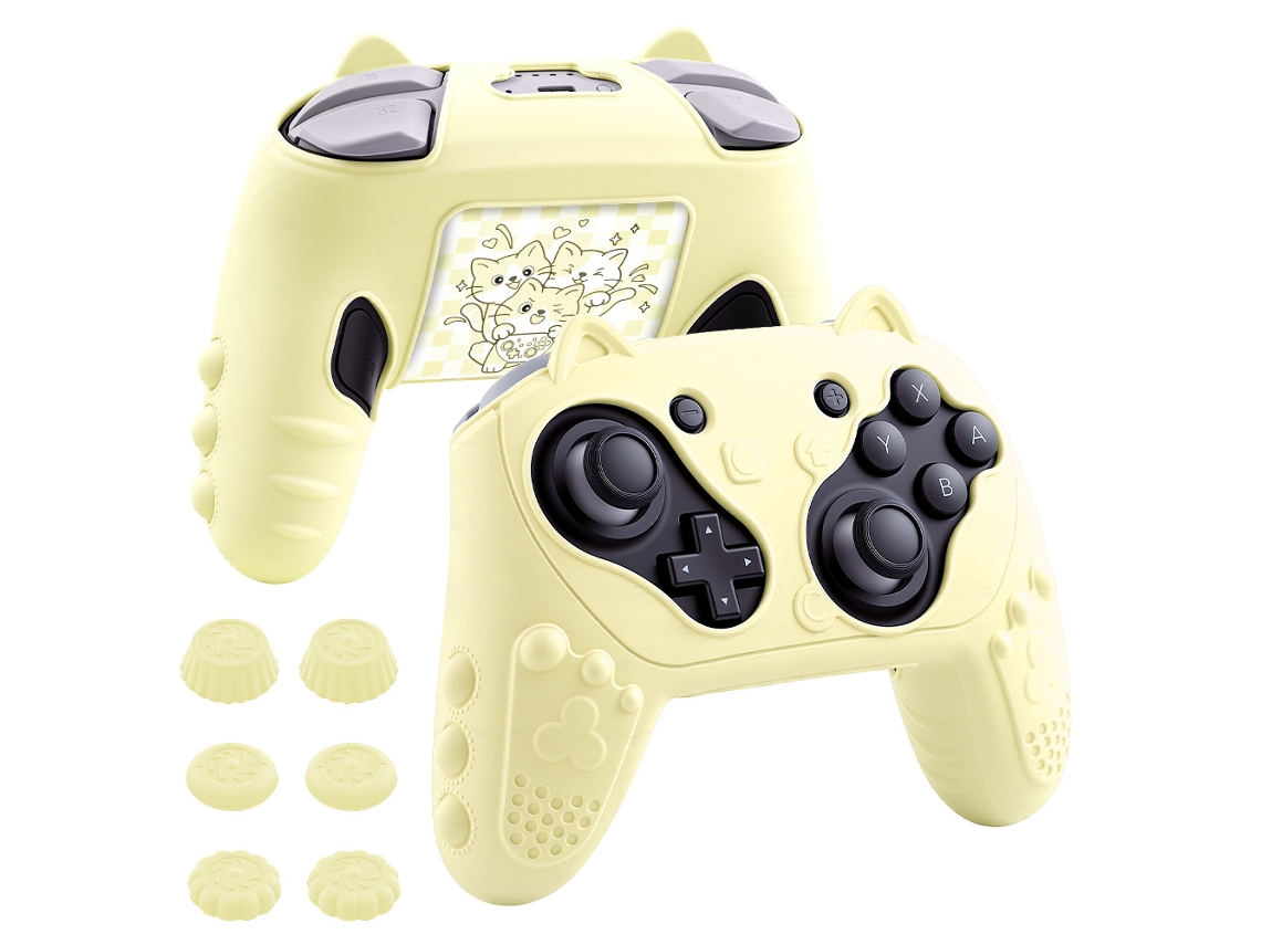 Capa PANOONA para Switch 2 Pro Silicone 6 Grips Gatinho Amarelo