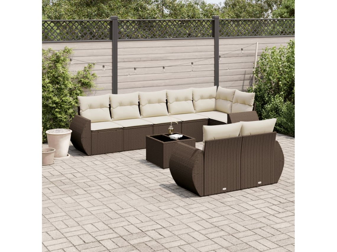 Vidaxl 9 Pcs Conjunto Sofás P/ Jardim C/ Almofadões Vime Pe Castanho