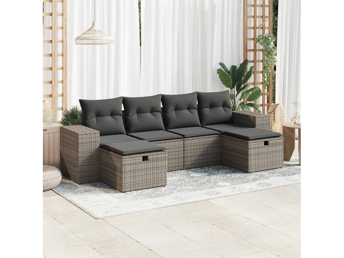Vidaxl 6 Pcs Conjunto Sofás De Jardim Com Almofadões Vime Cinzento