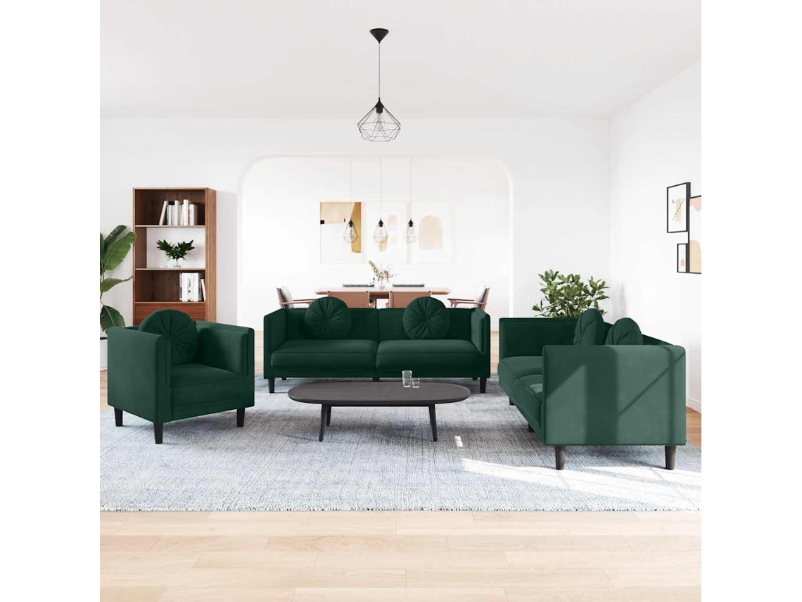 Vidaxl 3 Pcs Conjunto De Sofás Com Almofadas Veludo Verde-escuro
