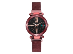 Relógio masculino com pulseira de malha e movimento, com design quadrado, redondo e com estrelas brilhantes e coloridas.