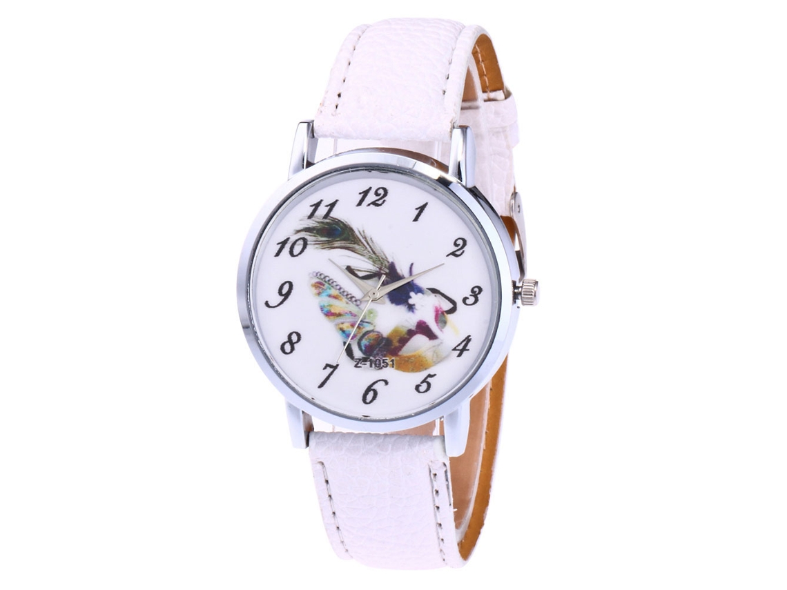 Relógio de Casal Unisex com Correia Pu Padrão de Penas Esfera Redonda Quartzo Branco