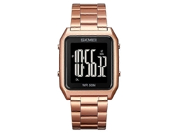 Relógio Masculino Multifuncional Skmei 1879 Com Tela Quadrada Grande, Pulseira De Aço E Luminescência El, Cor: Ouro Rosa.