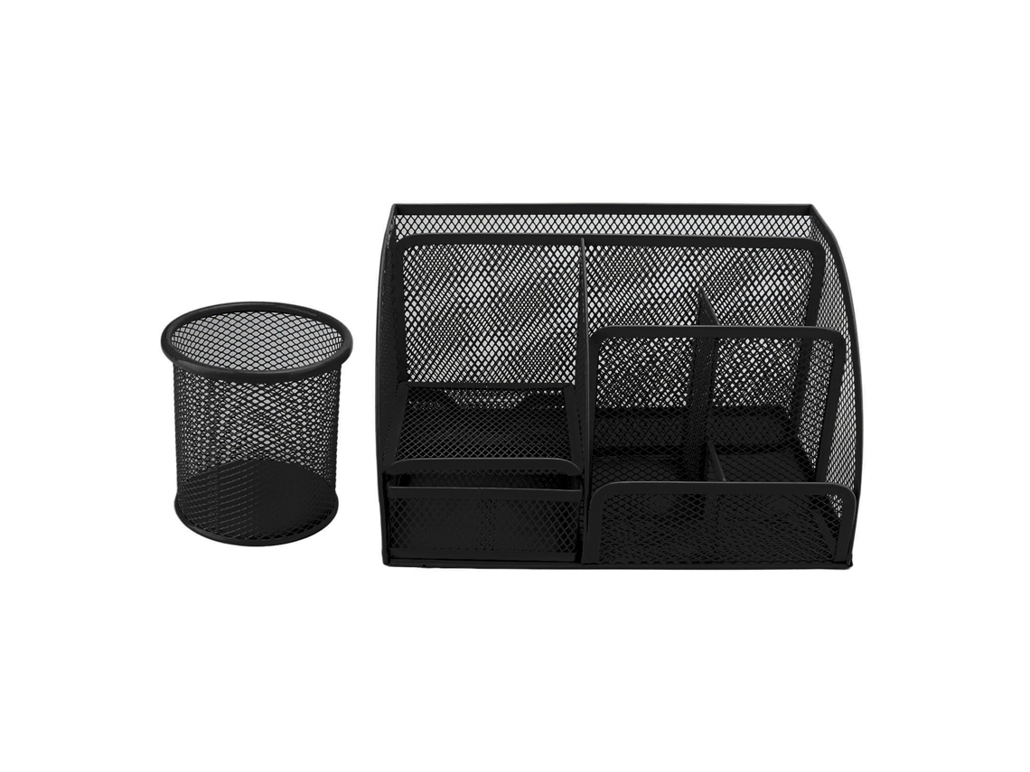 Porta Lápices de Red Metálica 7 Compartimentos Con Cajón Organizador de Papelería Multifuncional para Oficina Hogar Escuela Negro