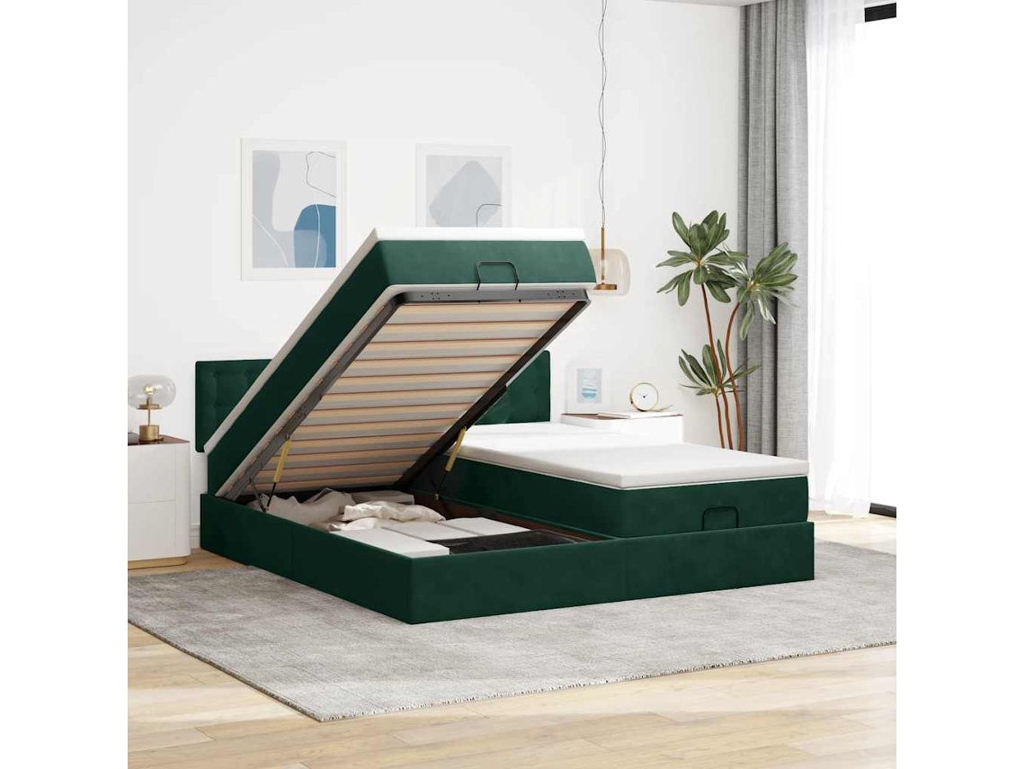Vidaxl Estrutura De Cama Otomana Com Colchão Verde Escuro Veludo