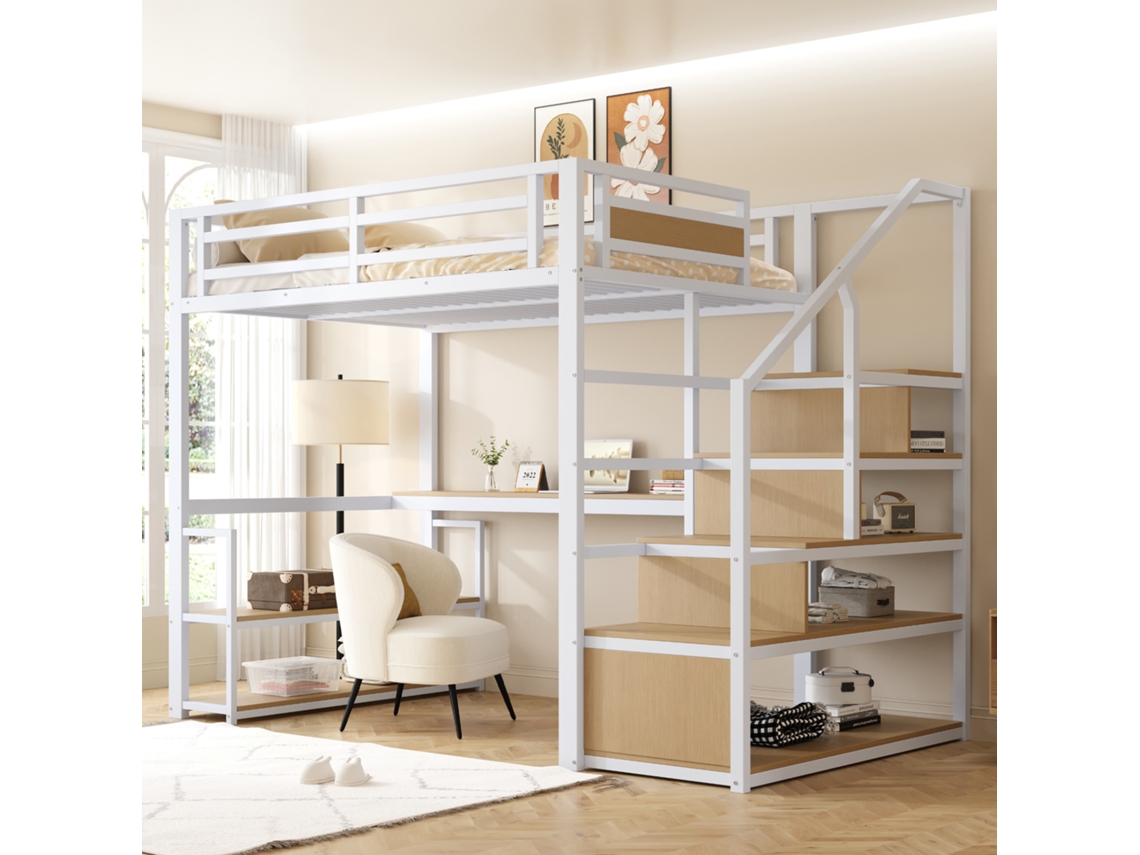Cama Alta Metal Branco 140x200 Escrivaninha Prateleiras