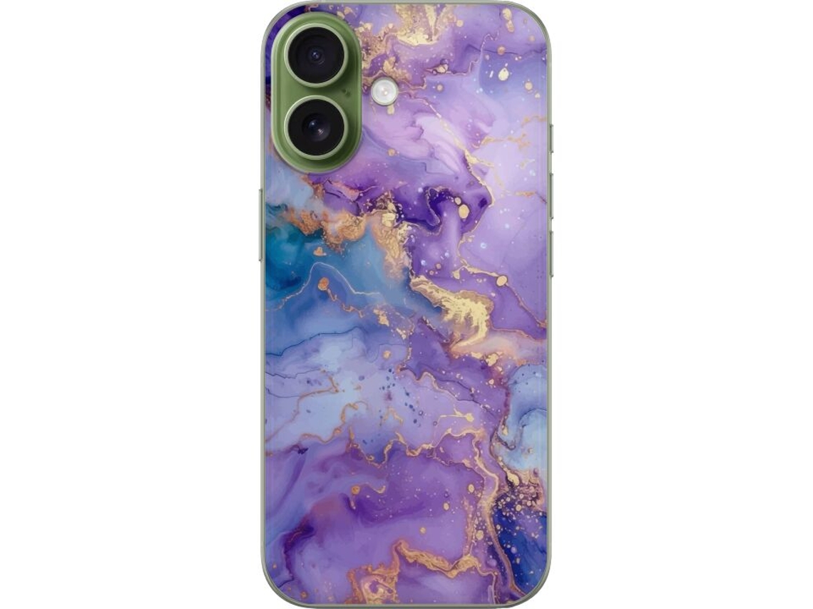 Capa Para Celular Compatível Com Apple Iphone 17. Estampa De Mármore Fluido Em Tons De Roxo, Azul E Dourado, Com Design Elegante E Artístico.