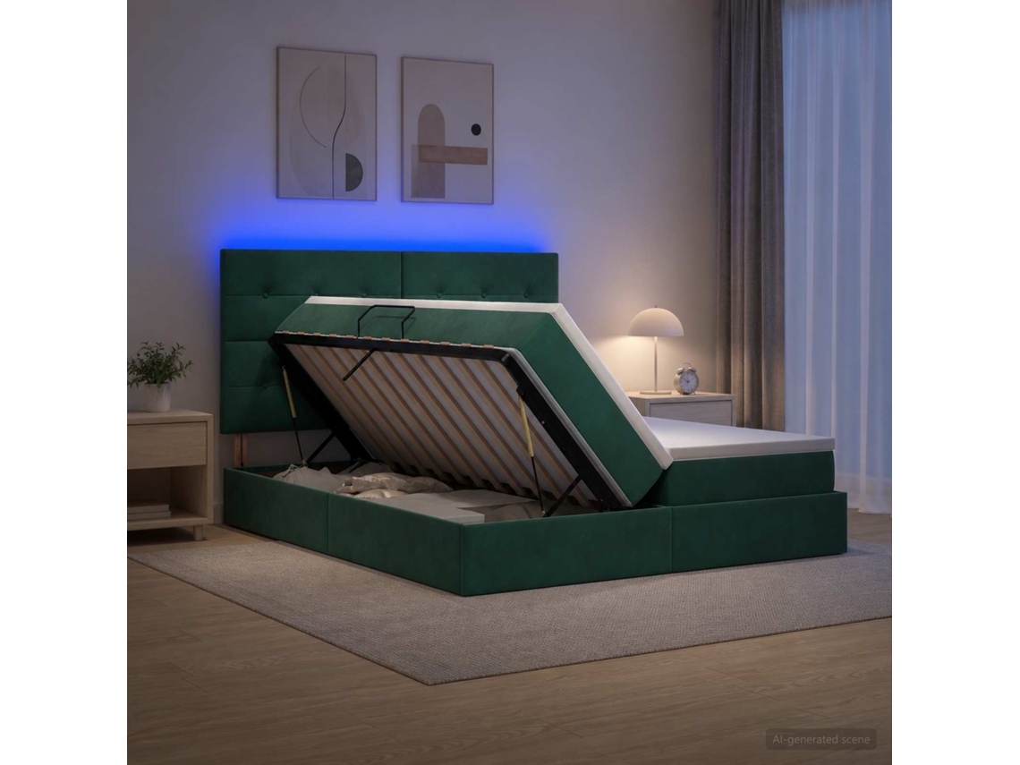 Vidaxl Cama De Armazenamento Led Com Colchão Verde-escuro 200 X 200 Cm
