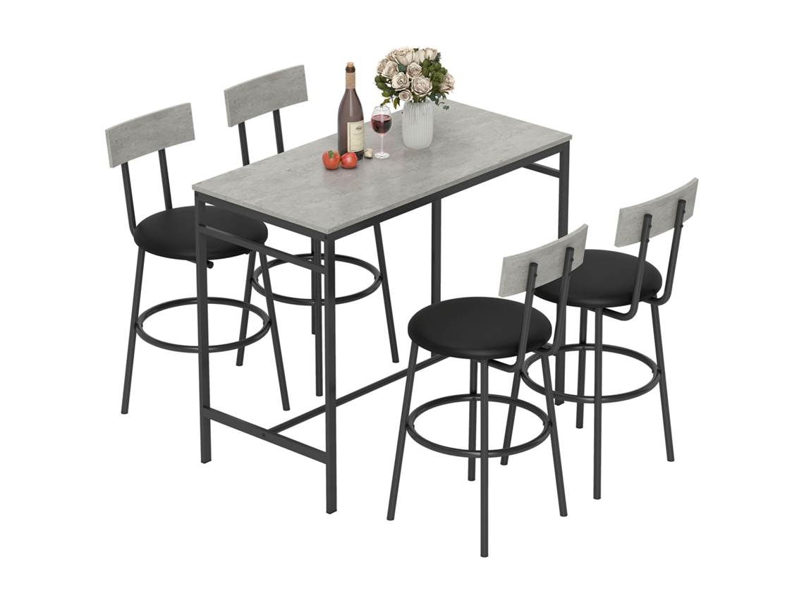 Mesa alta com 4 bancos de estilo industrial, na cor CINZA CONCRETO, com encosto e apoio para pés | S/MARCA