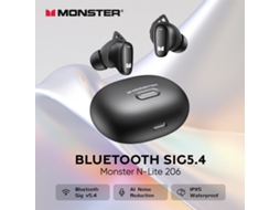 Auscultadores Monster N Lite 206 Tws Sem Fios Bluetooth Sig5.4 Aparelhagem Hi-Fi, Som Sem Perdas, Ia, Cancelamento De Ruído Inteligente, Reprodução De 20 Horas, Ip