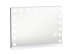 um Espelho de Maquilhagem Equipado com 18 Luzes Led Reguláveis ​​em 3 Cores, um Altifalante Bluetooth e Ampliação de 10x. BAGOLY