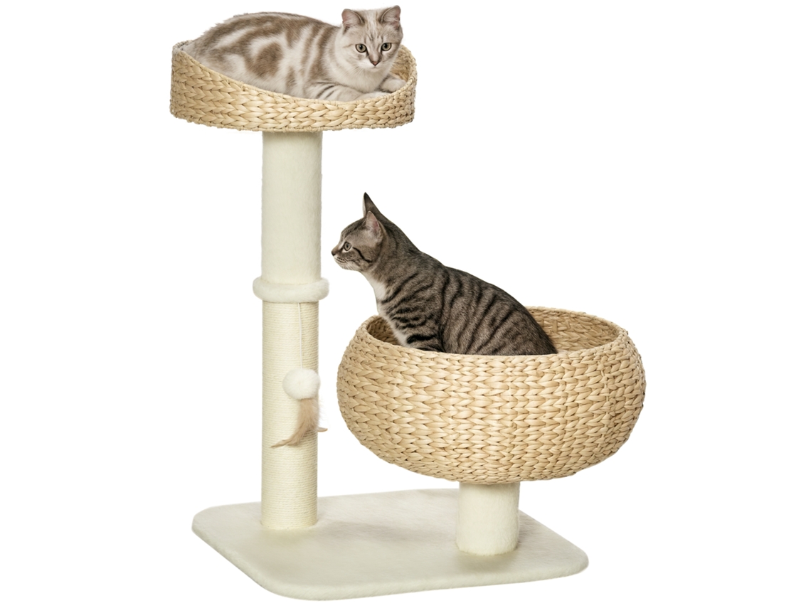 Árvore para Gatos com Poste Arranhador de 2 Níveis, 72 Cm de Altura, Poste de Sisal com Esconderijo e Plataforma, 1 Bola Pendurada ESSÊNCIACASA