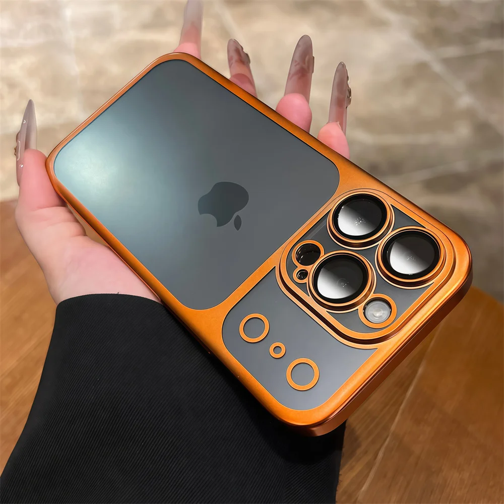 Capa Transparente Fosca Metálica Eletroplaqueada (laranja Para Iphone 16), Proteção Total Da Lente.