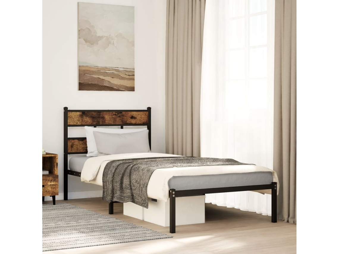Vidaxl Estrutura De Cama Sem Colchão 107x203 Cm Metal Carvalho Fumado
