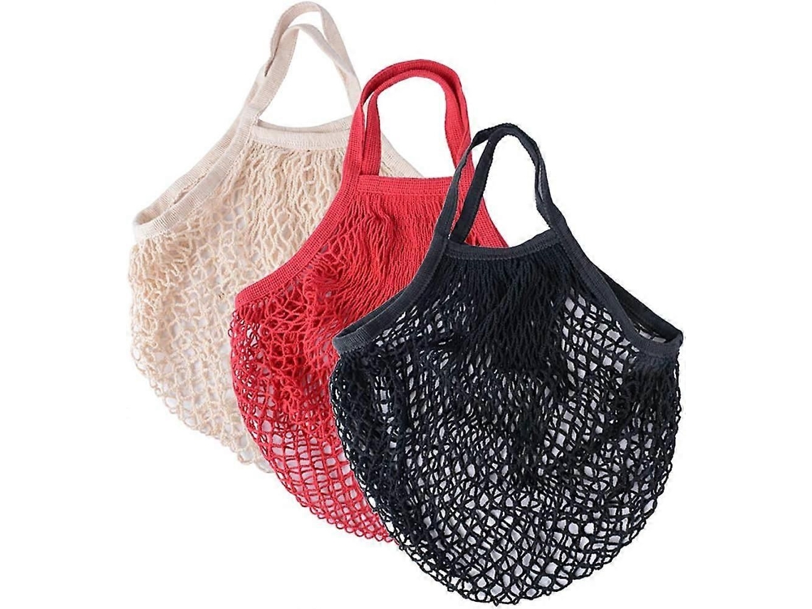 Conjunto De 3 Sacolas De Compras De Algodão Em Rede Para Compras, Mantimentos, Frutas E Verduras, Dobráveis ​​e Reutilizáveis ​​(preto + Bege + V