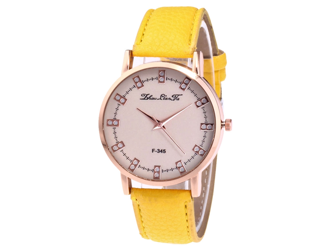 Reloj De Cuero Moda Unisex Dial Redondo Analógico De Cuarzo Amarillo