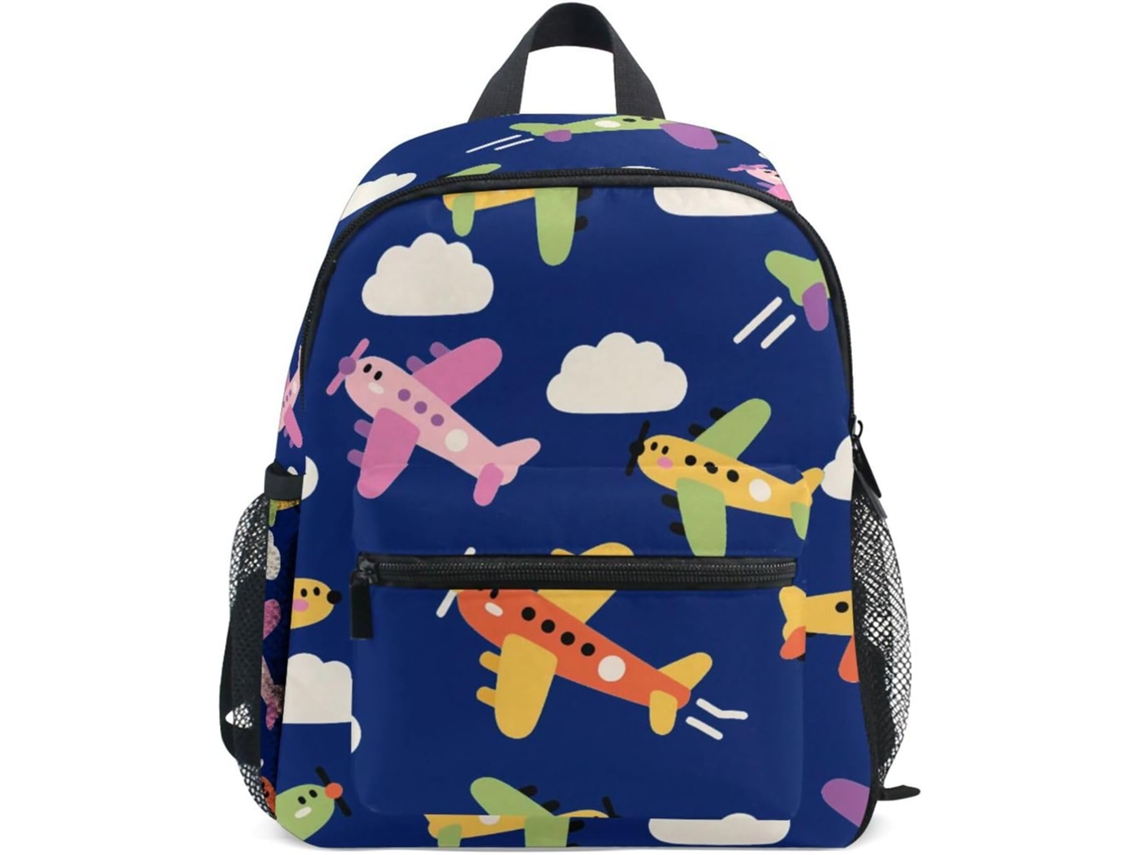 Mochila Infantil Mnsruu Com Fundo Azul Escuro E Estampa De Aviões.