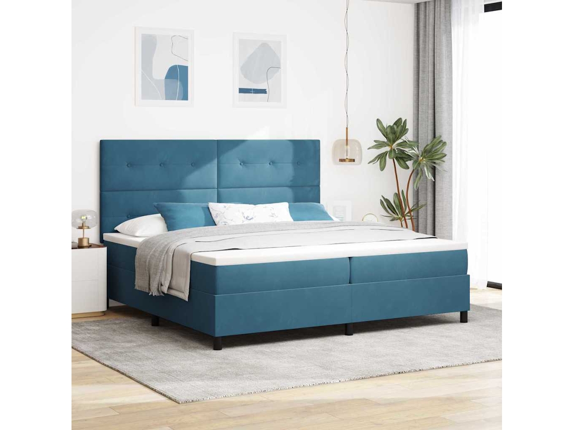 Vidaxl Cama Box Spring Led Azul Escuro 200 X 200 Cm Veludo