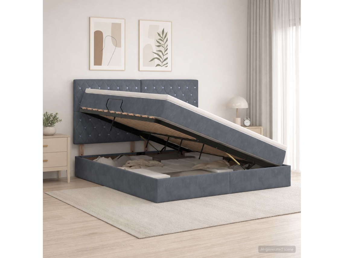 Vidaxl Cama Com Arrumação E Colchão Cinzento-escuro 160 X 200 Cm
