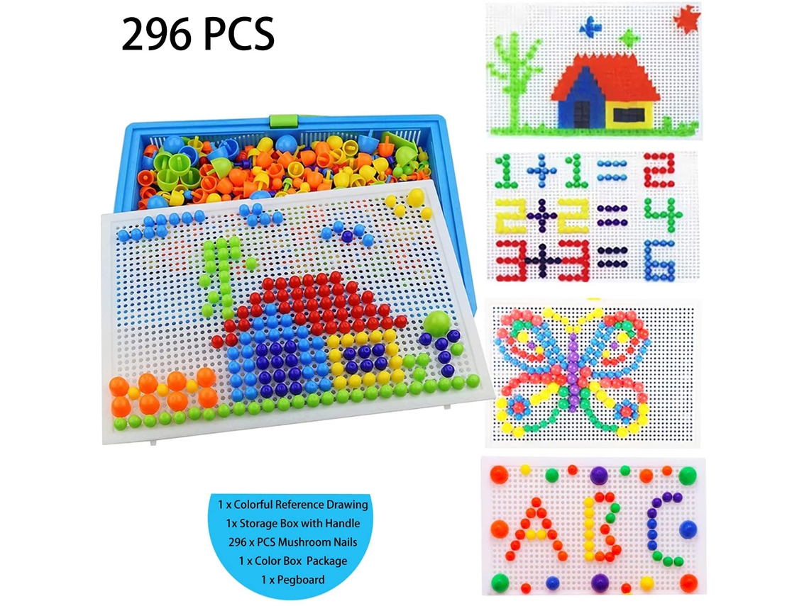 Mali conjunto de Quebra cabeça de Pinos de Cogumelo Colorido 296pcs para Crianças 4 10 Anos com Tábua e Armazenamento