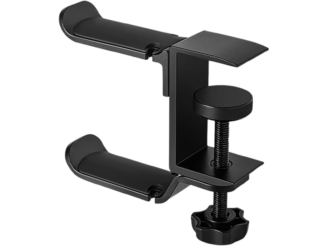 Suporte Duplo Para Fones De Ouvido, Sem Necessidade De Furar, Ajustável, Feito De Plástico Preto E Silicone, Para