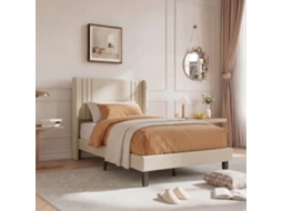 Cama De Solteiro 90x200 Em Linho Bege Com Cabeceira Acolchoada E Espaço De Arrumação - Estrutura Silenciosa E Robusta - Design Moderno