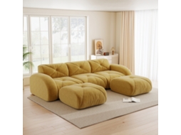 Sofá Modular 3 Lugares Em U Amarelo Com 2 Puffs E Assento Confortável