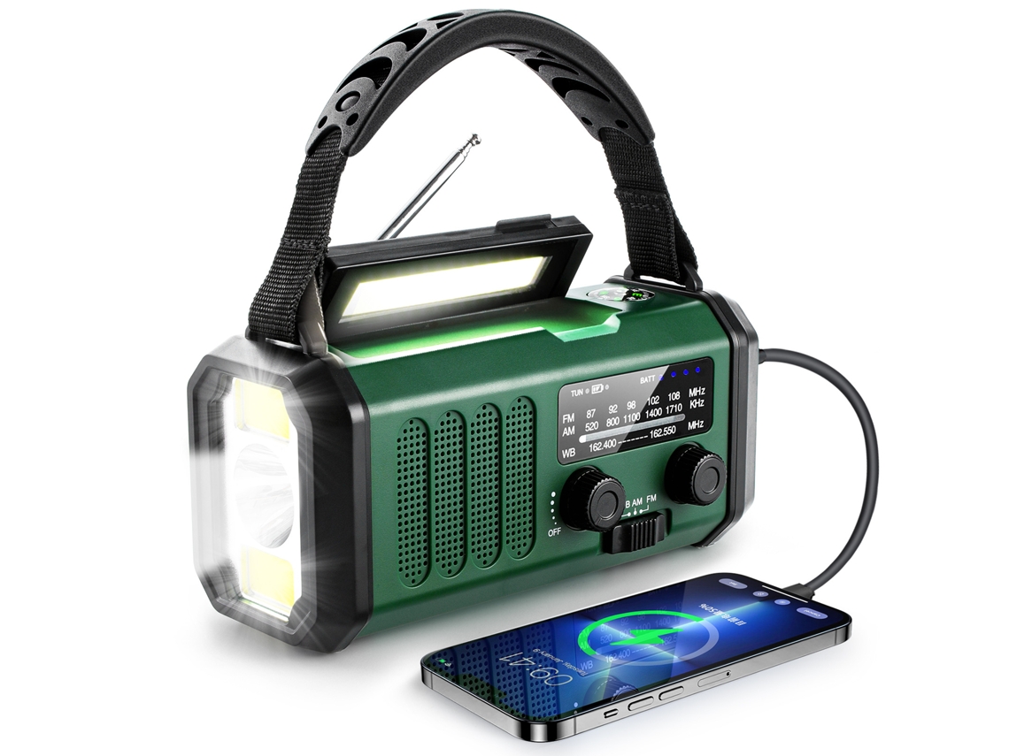 Gerador Solar Manual Com Rádio De Emergência, Lanterna Multifuncional, Powerbank E Alarme Sos, Verde Militar Tommy01